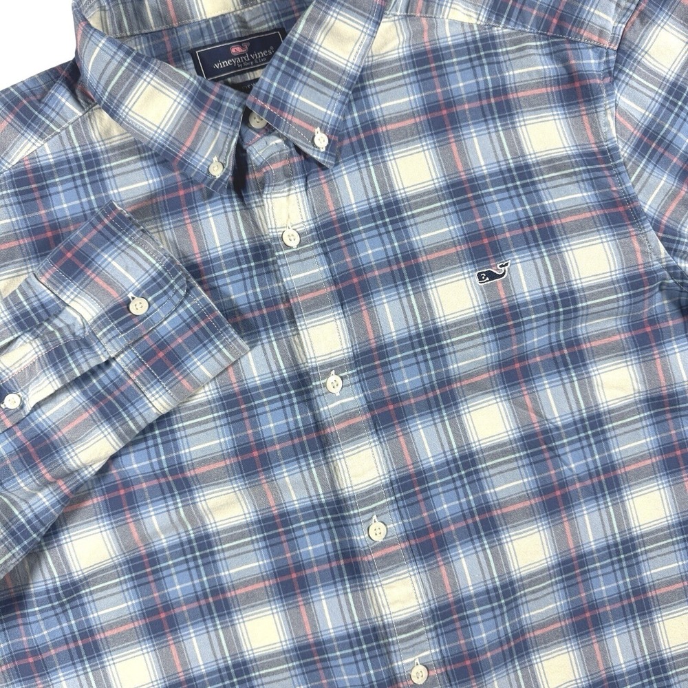 Vineyard Vines Classic Fit Whale Shirt Mens XL Blue Plaid Button Down Stretch